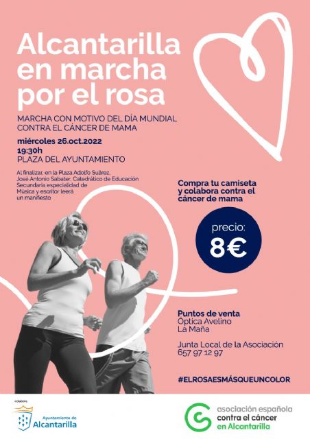 Alcantarilla se suma a la lucha contra el cáncer de mama con el lazo rosa en el Ayuntamiento y una marcha solidaria