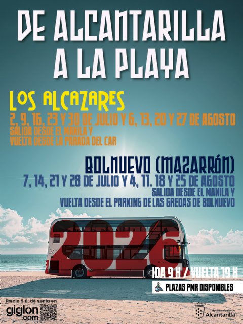 Alcantarilla amplía a Mazarrón el servicio de autobús a la playa durante los meses de julio y agosto