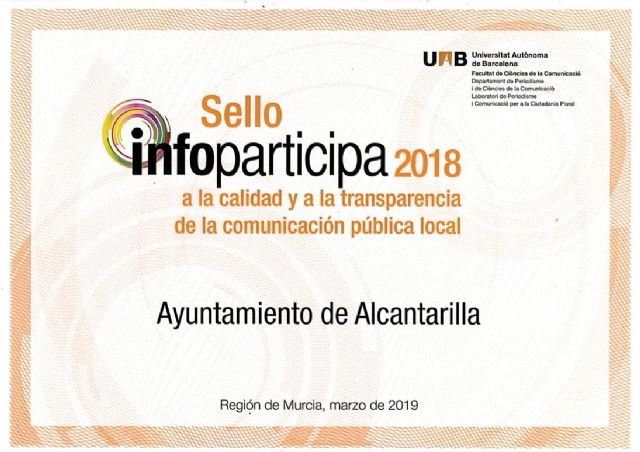 Alcantarilla renueva, por tercer año consecutivo, el SELLO INFOPARTICIPA a la transparencia de la comunicación pública local