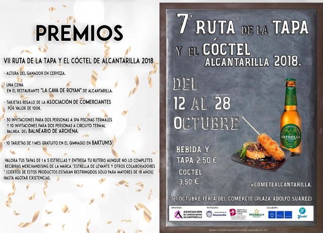 Mañana viernes se inaugura en Alcantarilla la séptima Ruta de la Tapa y el Cóctel, que se celebrará en nuestra ciudad del 12 al 28 de octubre, con 21 establecimientos participando en la misma