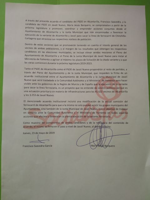 Los candidatos de Alcantarilla y Javalí Nuevo firman un acuerdo para hacer frente común por la variante ferroviaria ante el Gobierno de España